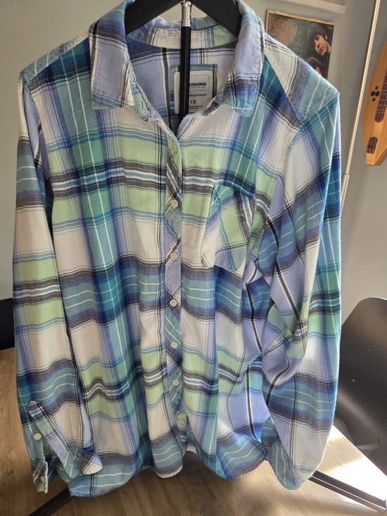 Sonoma Tops - Sonoma Plaid Button-Down Shirt in Blue, Green & White